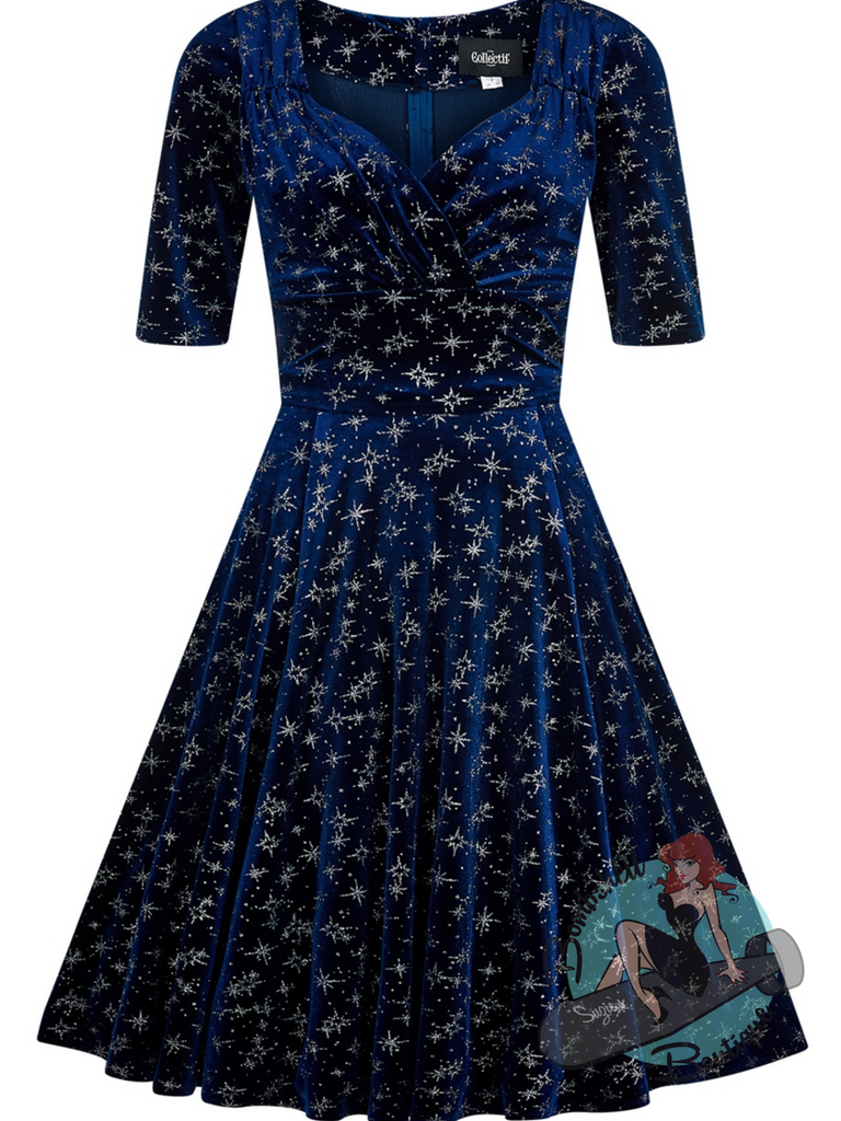 Collectif Trixie Blue Sparkle Velvet Swing Dress Suzie s Bombshell Boutique