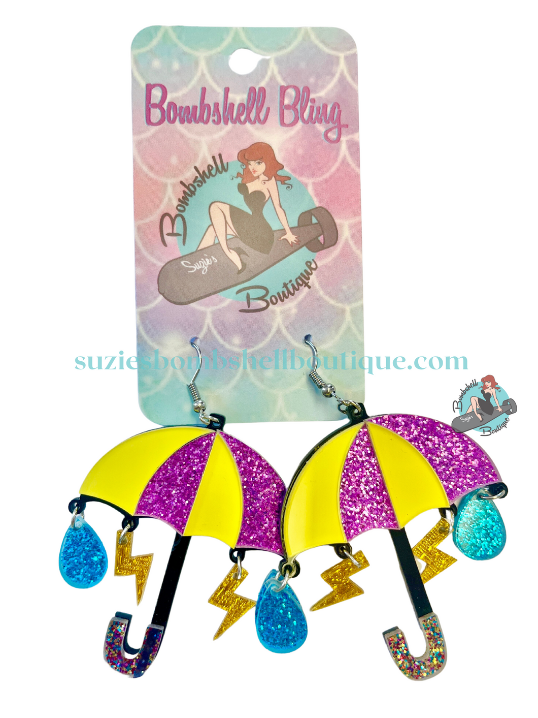 Bombshell Bling Glitter Umbrella Earrings resin costume jewellery novelty pinup altfashion costume jewellery acrylic earrings Canadian Pin-Up Shop Suzie's Bombshell Boutique