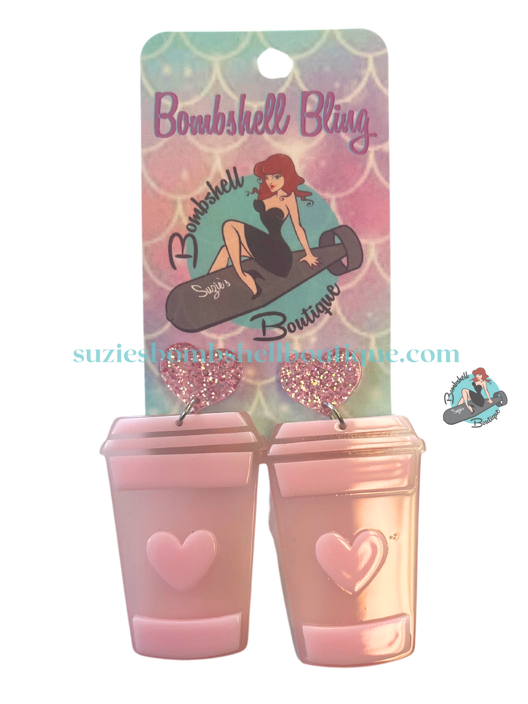 Bombshell Bling Love Latte Earrings pink resin earrings in shape of coffee cup with heart design costume jewellery Canadian Pin-Up Shop Suzie's Bombshell Boutique