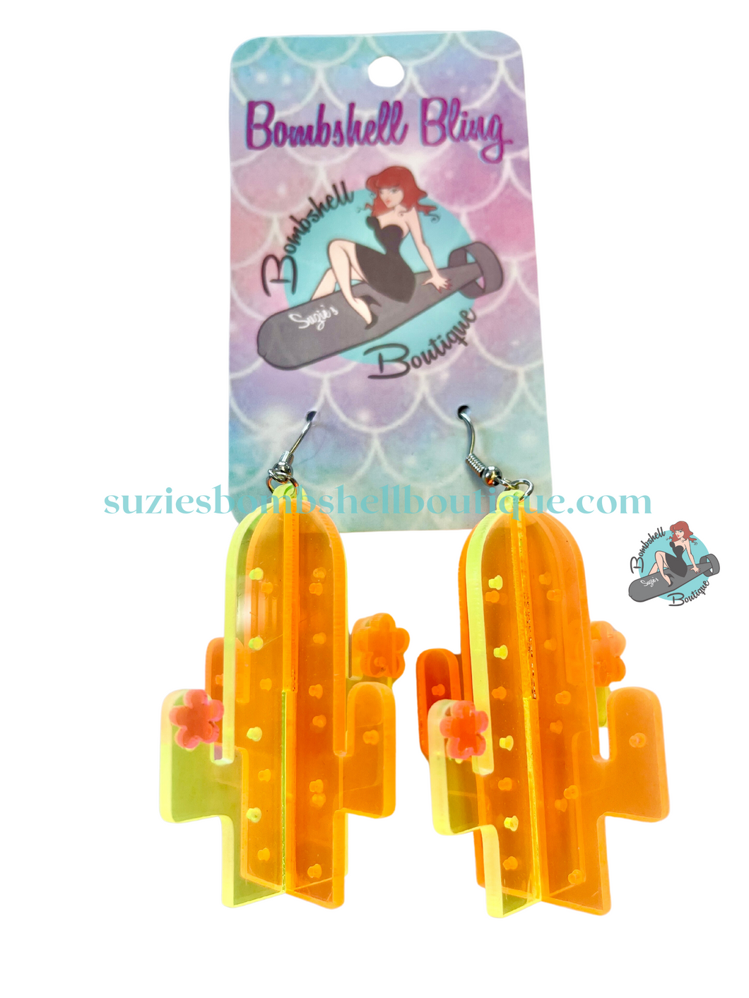 Bombshell Bling Neon Cactus Earrings bright yellow and orange acrylic earrings in shape of cactus western novelty pinup altfashion resin costume jewellery Canadian Pin-Up Shop Suzie's Bombshell Boutique