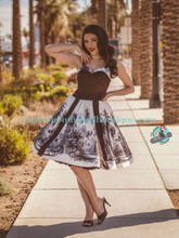 Boulevard Nights Custom Palm Desert Border Print Dress Black and white sundress with adjustable straps and pockets with palm tree print retro vintage 40s 50s pinup rockabilly swing dress Canadian Pin-Up Shop Suzie's Bombshell Boutique