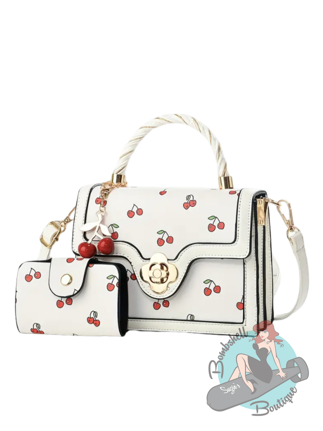 White handbag with cherry design on a white background