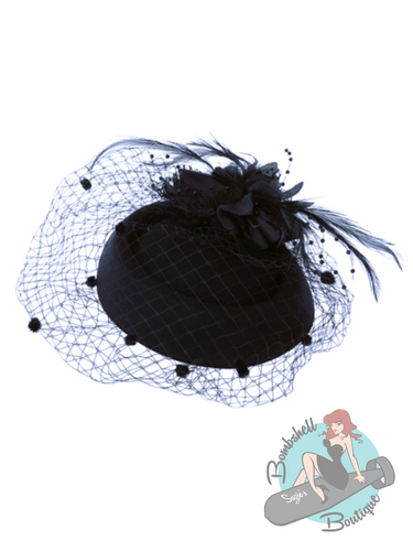Vintage inspired 1950s style hat with small veil over face and feathers in back. Recreate old hollywood style with this hair accessory in black or red.