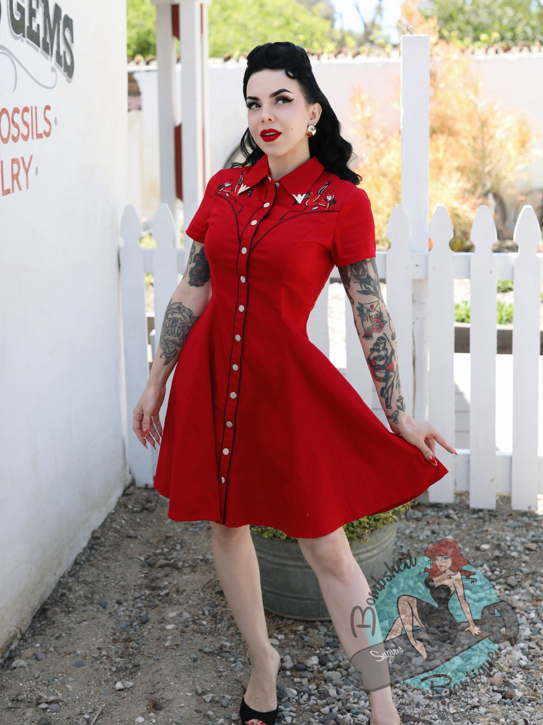 Murder Queen Larissa Pinup Art wearing red western dress by Rebel Love clothing