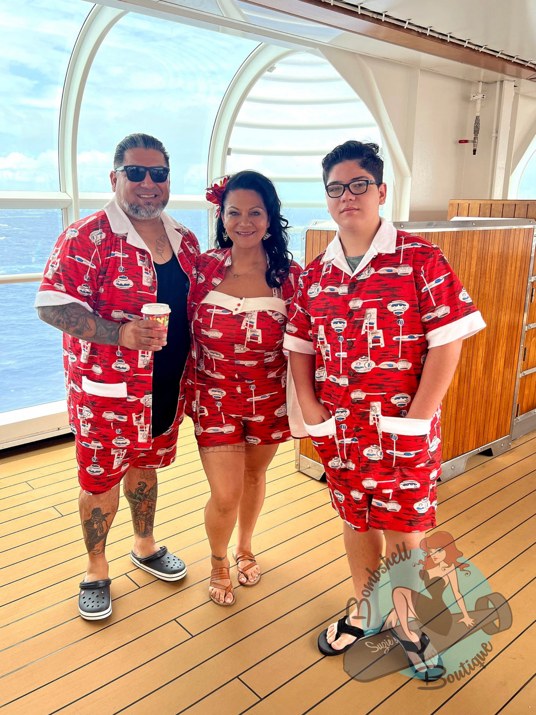 Men's shorts and shirt set in vintage red pattern tiki fabric. Vintage inspired mens set with terrycloth lining.