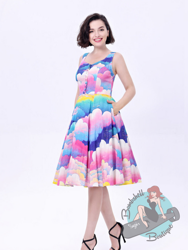 Linen Flared swing dress in multicolour cloud print. A pin-up 1950s style sundress.