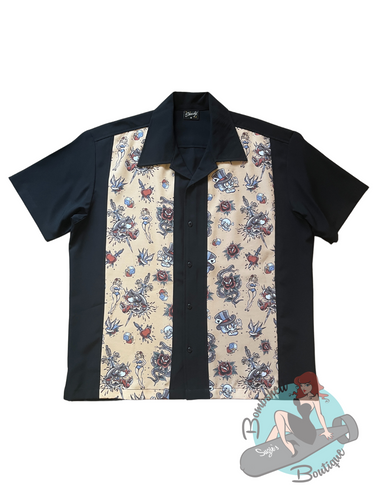 Short sleeved men's black button up with tattoo print panels. The perfect shirt for greaser guys, rockabillies, and trad tattoo lovers.