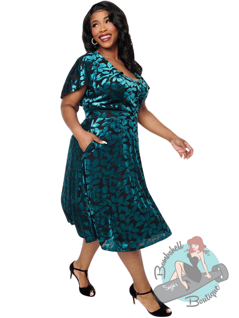Unique Vintage Teal & Black Velvet Capelet Dress Suzie's Bombshell Boutique Unique Vintage Teal & Black Velvet Capelet Dress Suzie's Bombshell Boutique