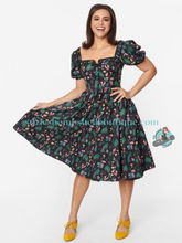 Unique Vintage Canada Unique Vintage Black Woodland Creature Button Front Dress black swing dress with trees mushrooms toadstools animals forest creatures puff sleeves cute flared pinup 40s 50s pinup dress Canadian Pin-Up Shop Suzie's Bombshell Boutique