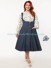 Unique Vintage Blue Denim Button Suspender Swing Skirt
