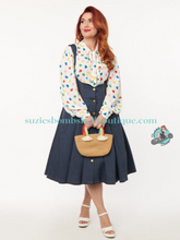 Unique Vintage Blue Denim Button Suspender Swing Skirt