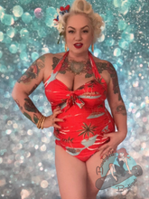 Vintage Marilyn Monroe style bathing suit in red tiki print for vintage pinup style swimwear.