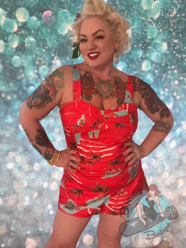 Red tiki print romper to pair with skirt for vintage playsuit pinup look.