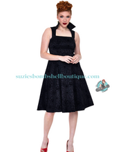 Voodoo Vixen Canada Voodoo Vixen Floral Spider Web Flocked Flare Dress black velvet taffeta flared dress with vampire stand up collar pockets spiderweb spider design goth spooky pinup altfashion retro vintage 40s 50s pinup dress little black dress Canadian Pin-Up Shop Suzie's Bombshell Boutique