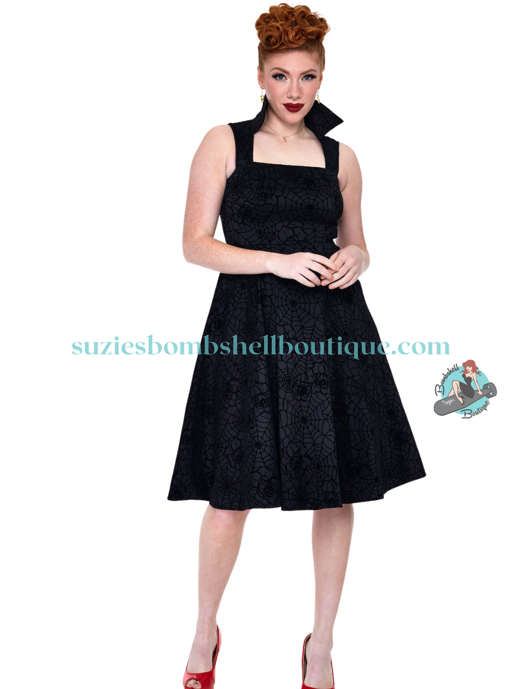 Voodoo Vixen Canada Voodoo Vixen Floral Spider Web Flocked Flare Dress black velvet taffeta flared dress with vampire stand up collar pockets spiderweb spider design goth spooky pinup altfashion retro vintage 40s 50s pinup dress little black dress Canadian Pin-Up Shop Suzie's Bombshell Boutique