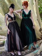 Gothic gowns of satin and mesh tulle in black and beige or black and green. Perfect for an evening look for the goth pinup or for bridesmaids or prom.