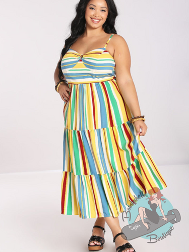 Ankle length sundress with multi-coloured stripes, bamboo ring detail, and adjustable straps. This dress is perfect for a tiki party or for a western event.