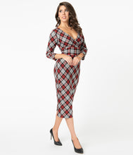 Unique Vintage Lyddie Dress Red and Grey Plaid flannel tartan retro vntage 50s wiggle dress pinup pencil dress Christmas winter Canadian Pin-Up Shop Suzie's Bombshell Boutique