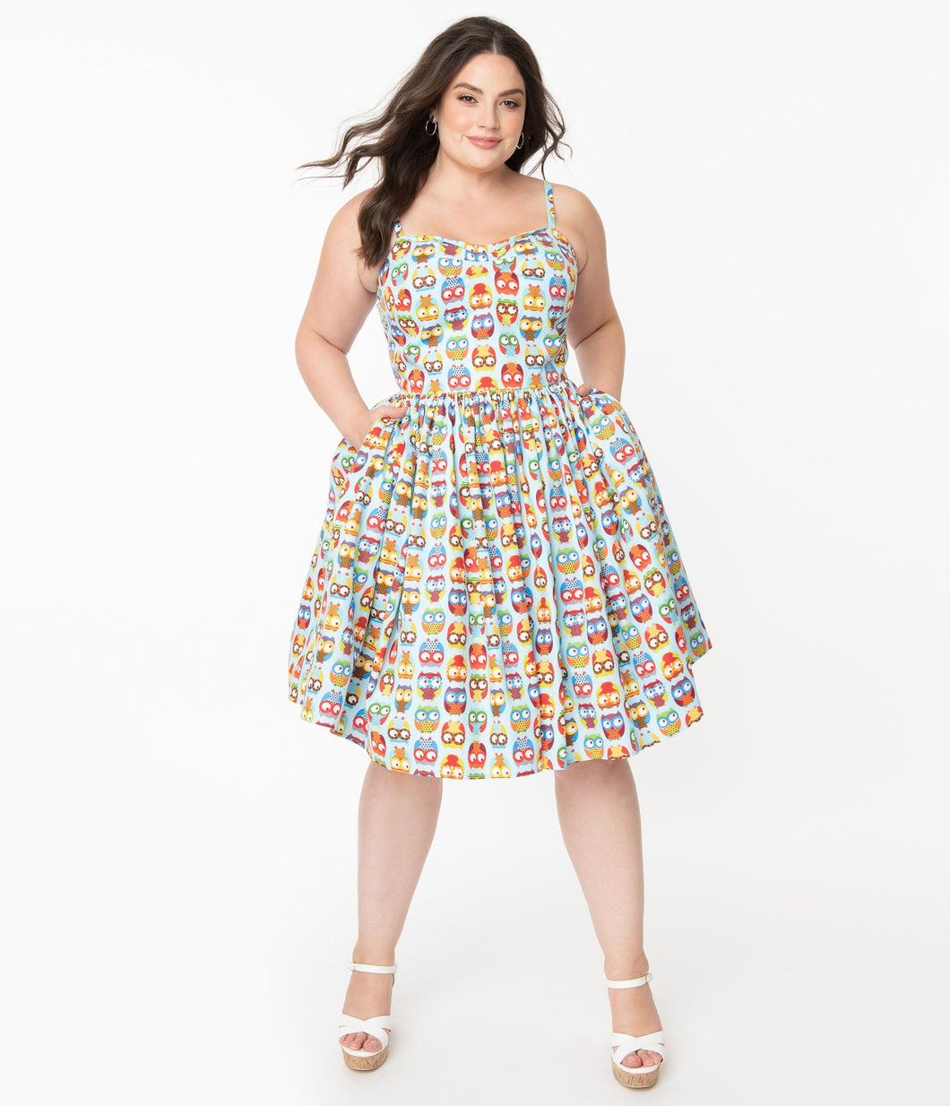 Unique Vintage Darcy Owl Print Swing Dress Unique Vintage Canada cute retro vintage 50s pinup dress in pale blue with multi coloured owls spaghetti strap sundress Canadian Pin-Up Shop Suzie's Bombshell Boutique