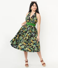 Unique Vintage Tarrytown Hostess Jungle Print Dress animal print retro vintage 40s 50s swing dress halter neck pinup rockabilly Suzie's Bombshell Boutique