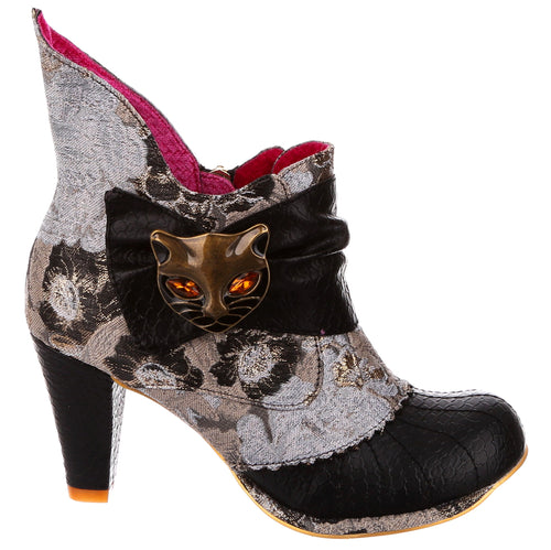 Irregular Choice Miaow Boots black and grey with bronze cat on ankle unique altfashion funky footwear for pinup rockabilly goth Canadian Pinup Shop Suzie's Bombshell Boutique