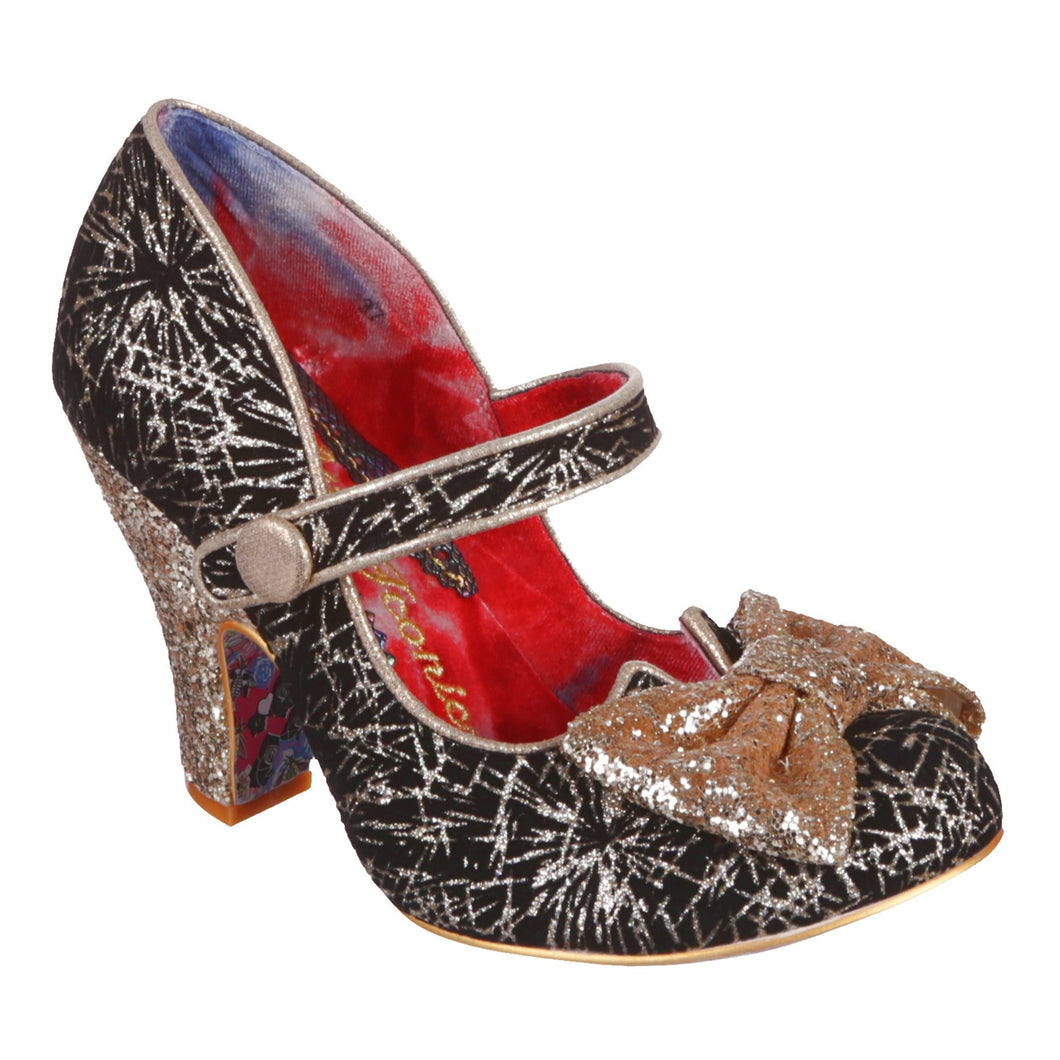 Irregular Choice Fancy That Shoes Black and Gold Irregular Choice Canada black shoes with gold glitter gold toe bow and sparkly gold heels retro vintage 40s 50s pinup footwear for women Canadian Pin-Up Shop Suzie's bombshell Boutique