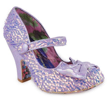 Irregular Choice Fancy That Shoes in lavender purple sequins Irregular Choice Canada sparkly lavender ladies heels with maryjane style ankle strap and purple lavender mauve glitter bow on toe retro vintage altfashion pinup rockabilly shoes for women Canadian Pin-Up Shop Suzie's Bombshell Boutique