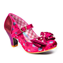 Irregular Choice Snow Drop Shoes Red Burgundy Irregular Choice Canada ladies dress shoes of ruby fabric with small flower details and glitter heel and bow on toe with pearl detail and maryjane strap retro vintage pinup 40s 50s altfashion rockabilly quirky footwear Canadian Pin-up Shop Suzie's bombshell Boutique Port Dover