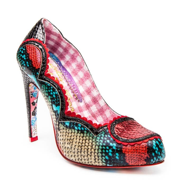 Irregular Choice Dare You Shoes Black and Red Irregular Choice Canada high heeled women's shoes in multicoloured snakeskin sexy retro vintage pinup 50s stilettos Canadian Pin-Up Shop Suzie's Bombshell Boutique Port Dover