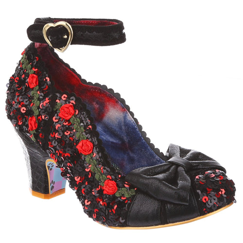Irregular Choice Trellis Shoes Black and Red with roses rosebuds sequined sparkle glitter heels with ankle strap and toe bow for vintage retro women pinup Canadian Pin-Up Shop Suzie's Bombshell Boutique