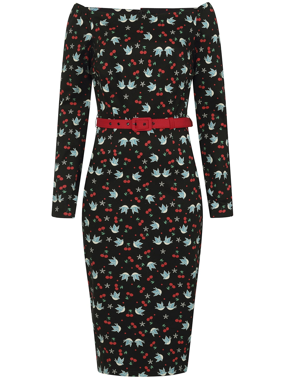 Collectif for Suzie's Bombshell Boutique Meg Rockabilly Swallows Pencil Dress retro vintage pin-up pin upCollectif Meg Swallows & Cherries Pencil Dress rockabilly cherry and birds wiggle dress Canadian Pin-Up Shop Suzie's Bombshell Boutique