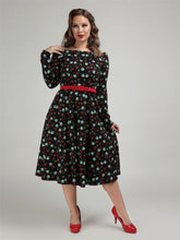 Collectif for Suzie's Bombshell Boutique Meg Rockabilly Swallows Swing Dress retro vintage pin-up pinupCollectif Meg Swallows & Cherries Swing Dress black dress with long sleeves rockabilly cherry and birds Canadian Pin-Up Shop Suzie's Bombshell Boutique
