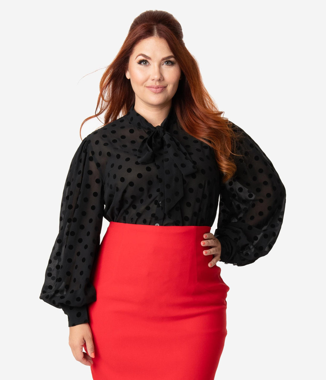 Unique Vintage Gwen blouse sheer black polka dot top. retro vintage pinup pin-up shirt. Suzie's Bombshell Boutique