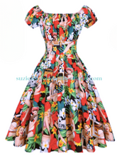 Beach Bombshell Swing Dress pinup girl print with classic car tiki floral retro vintage pin-up rockabilly altfashion dress Canadian Pin-Up Shop Suzie's Bombshell Boutique