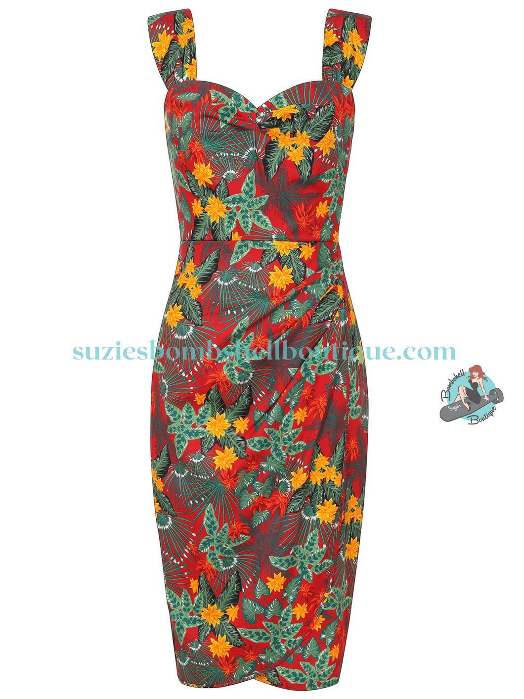 Collectif Kulala Jungle Floral Pencil Dress retro vintage pinup rockabilly tiki wiggle dress with sarong 1950s 50s sundress Canadian Pin-Up Shop Suzie's Bombshell Boutique