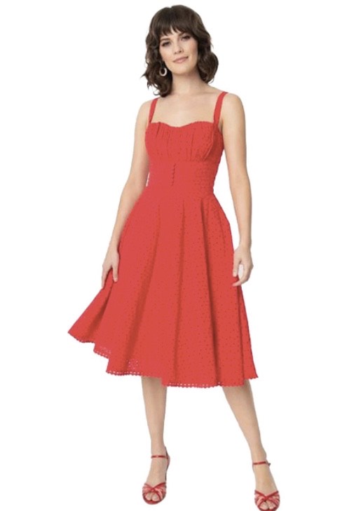 Timeless London Valerie Dress in Red broderie anglaise cotton sundress 50s dress retro vintage pinup clothing rockabilly pinup girl Canadian Pinup shop Suzie's Bombshell Boutique