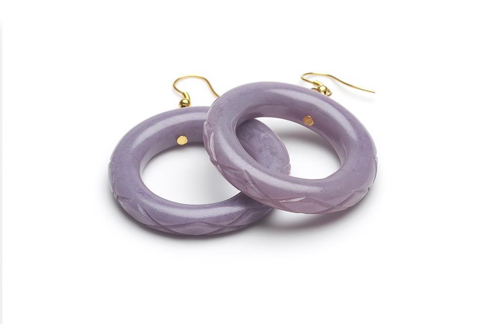 Splendette Lilac Fakelite Drop Hoop Earrings Splendette Canada mauve purple lavender carved circle tiki earrings retro vintage pinup rockabilly 40s 50s jewellery Canadian Pin-Up Shop Suzie's Bombshell Boutique Port Dover