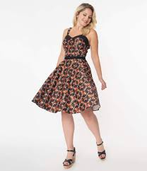 Unique Vintage Halloween Cats Rachel Dress Unique Vintage Canada stappy black and orange swing dress with cat design goth spooky halloween rockabilly retro vintage pinup altfashion flared dress Canadian PIn-Up Shop Suzie's Bombshell Boutique Port Dover