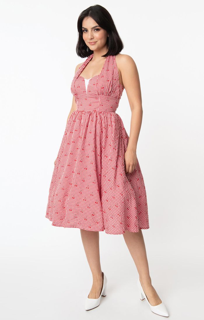 Unique Vintage Sheila Gingham & Cherry Swing Dress Red Unique Vintage Canada red and white gingham cherry halter dress retro vintage pinup 50s rockabilly sundress pinup picnic Canadian Pin-Up Shop Suzie's Bombshell Boutique