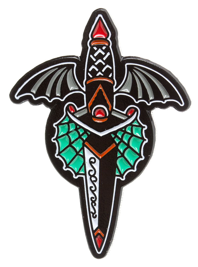 Sourpuss Winged Dagger Enamel Pin Sourpuss Canada metal brooch of dagger knife with bat wings and spiderweb goth spooky rockabilly rock and roll altfashion pinup fashion jewellery Canadian Pin-Up Shop Suzie's Bombshell Boutique Port Dover