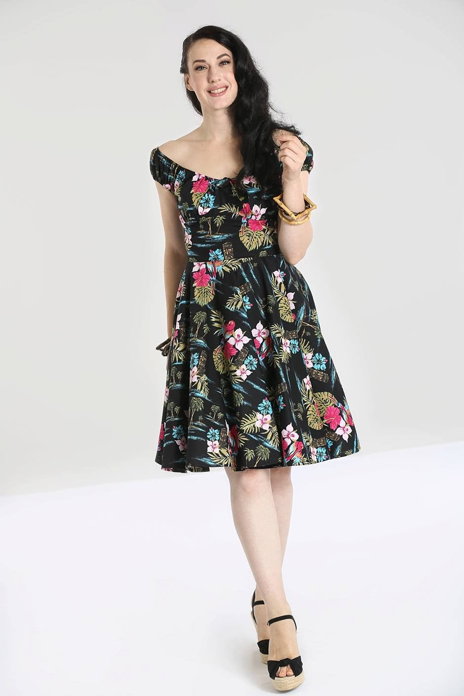 Hell Bunny Noa Mid Dress Hell Bunny Canada retro vintage pinup rockabilly tiki swing dress with peasant style top and pockets Canadian Pin-Up Shop Suzie's Bombshell Boutique Port Dover