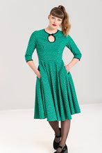 Hell Bunny Paradisum 50's Dress green retro vintage swing dress with black hearts and three quarter length sleeves pinup rockabilly Suzie's Bombshell Boutique
