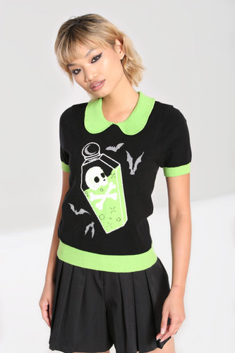 Hell Bunny Alchemist Sweater goth halloween love potion gothic pinup alt fashion sweater jumper top knitwear short sleeved sweater in black and lime green Suzie's Bombshell Boutique