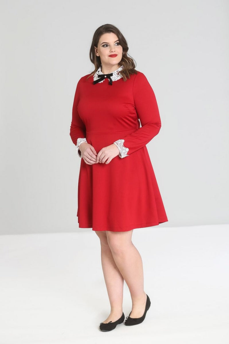 Hell Bunny Ricci Dress in Red with lace collar and cuffs retro vintage goth halloween wednesday addams minidress pinup clothing Suzie's Bombshell Boutique