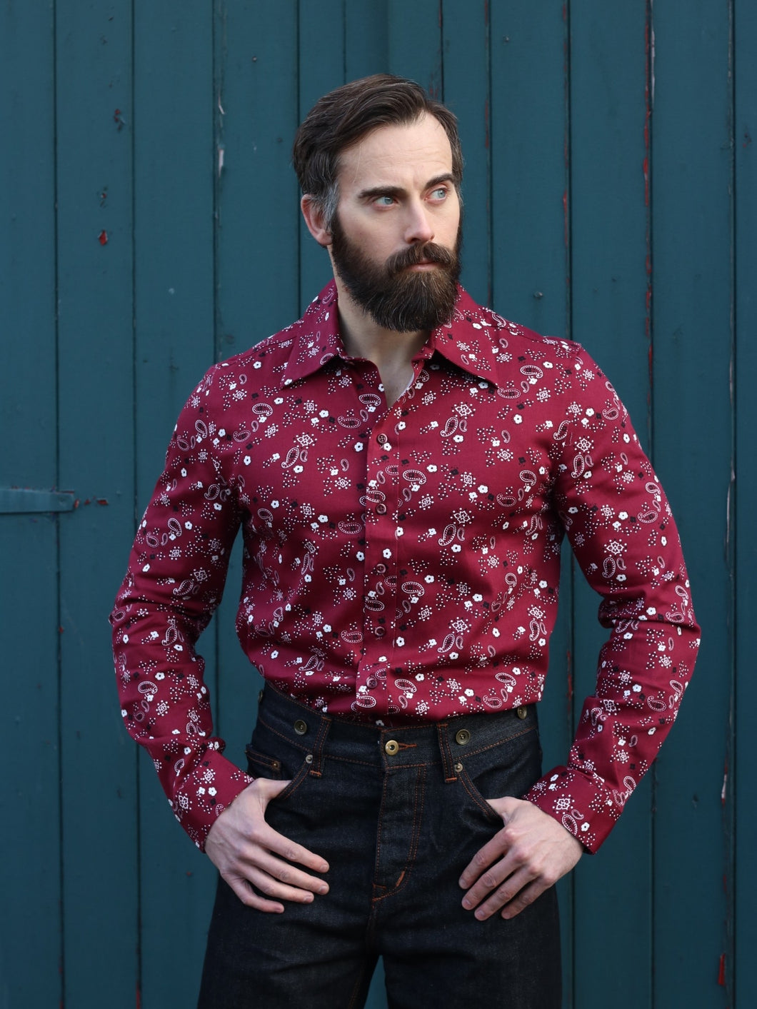 Collectif Jamie Men's Bandana Shirt Collectif Canada mens western paisley bandana print shirt in burgundy retro vintage 40s 50s style mens button up shirt Canadian Pin-Up Shop Suzie's Bombshell Boutique