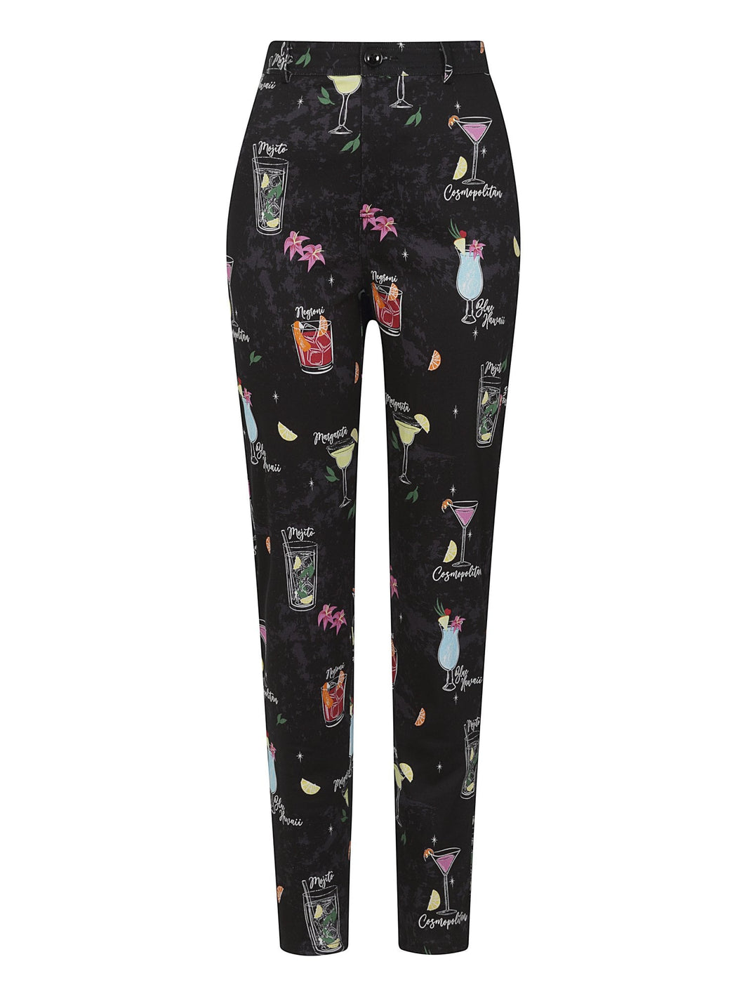 Collectif Maddie Cocktail Menu Trousers Collectif Canada black cigarette pants with pictures of tiki drinks on them highwaisted pants for women retro vintage pinup 40s 50s rockabilly pants Canadian Pin-Up Shop Suzie's Bombshell Boutique