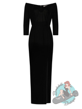 Black evening gown with long sleeves on a white background, featuring Bombshell Boutique logo.