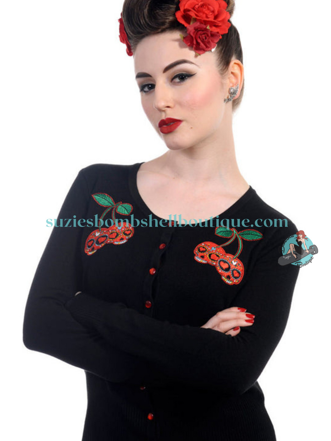 Banned Retro Lost Queen CanadaBanned Retro Black Cherry Skulls Rockabilly Cardigan black knit buttoned top with red cherries that look like sugar skulls altfashion goth rockabilly pinup plus pinup clothing retro vintage sweater Canadian Pin-Up Shop Suzie's Bombshell Boutique