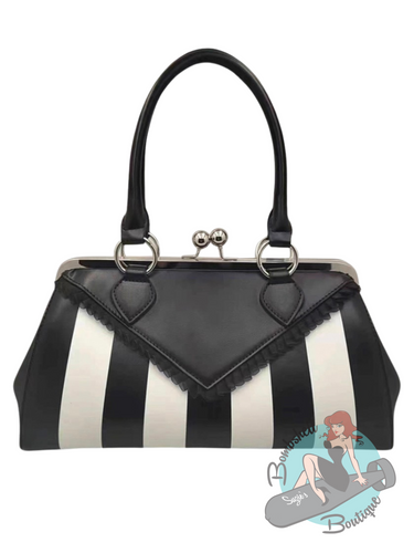 Black and White Striped kiss lock clasp handbag in vintage 1940s or 1950s style of purse suitable for pinup and goth style.