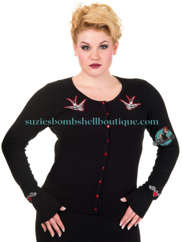 Banned Retro CanadaBanned Retro Hybrid Tattoo Swallow Cardigan black knit button top sweater with Black & White tattoo style rockabilly swallows on chest and black white and red hearts on cuffs sleeves retro vintage altfashion 50s pinup cardigan plus size pinup clothing Canadian Pin-Up Shop Suzie's Bombshell Boutique
